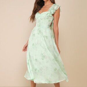 Lulus Loveliest Darling Light Green Floral Ruffled Tie-back Midi Dress - Size XS